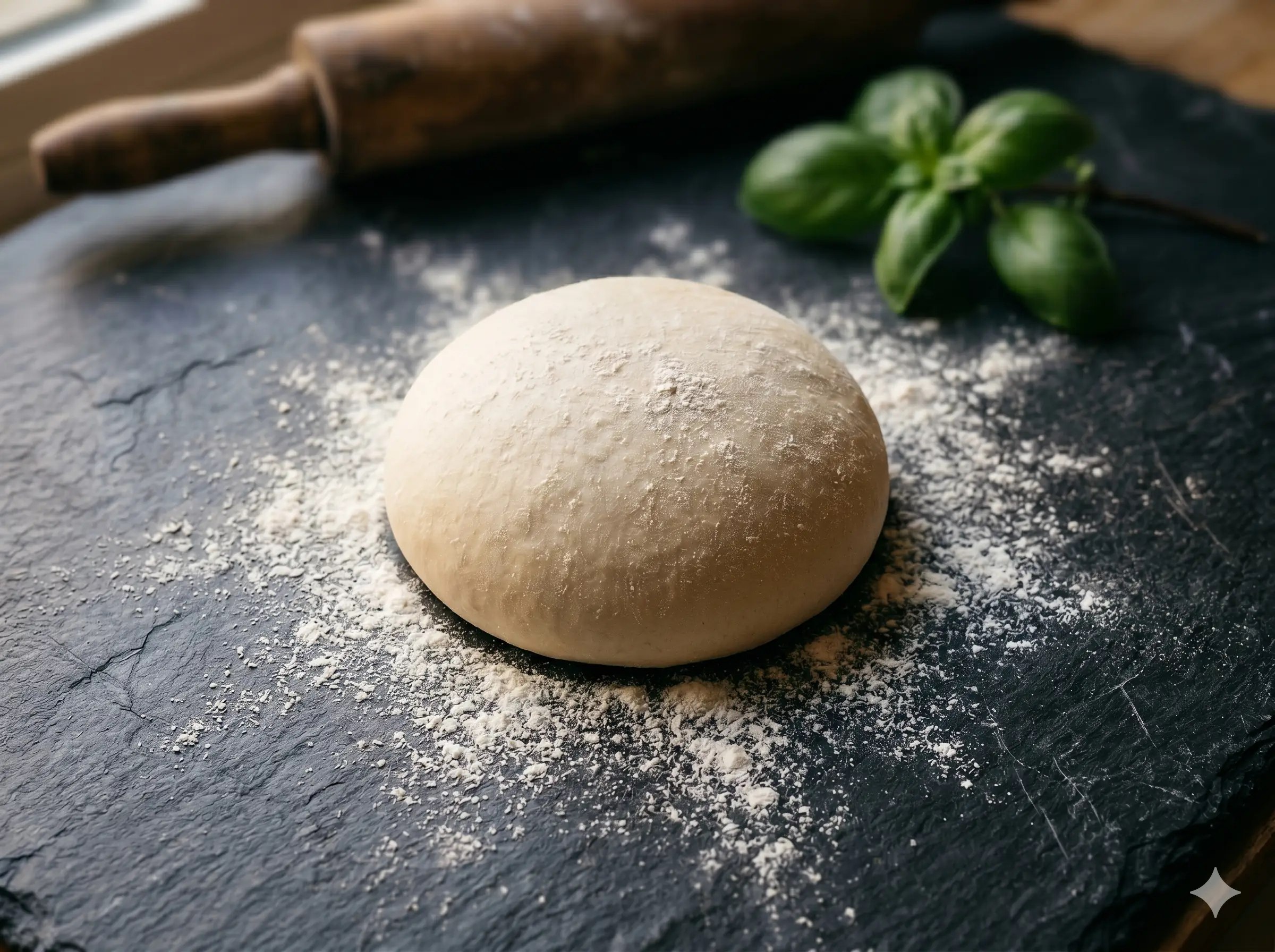 A top-down view of the raw dough ball resting on a rustic, flour-dusted surface.