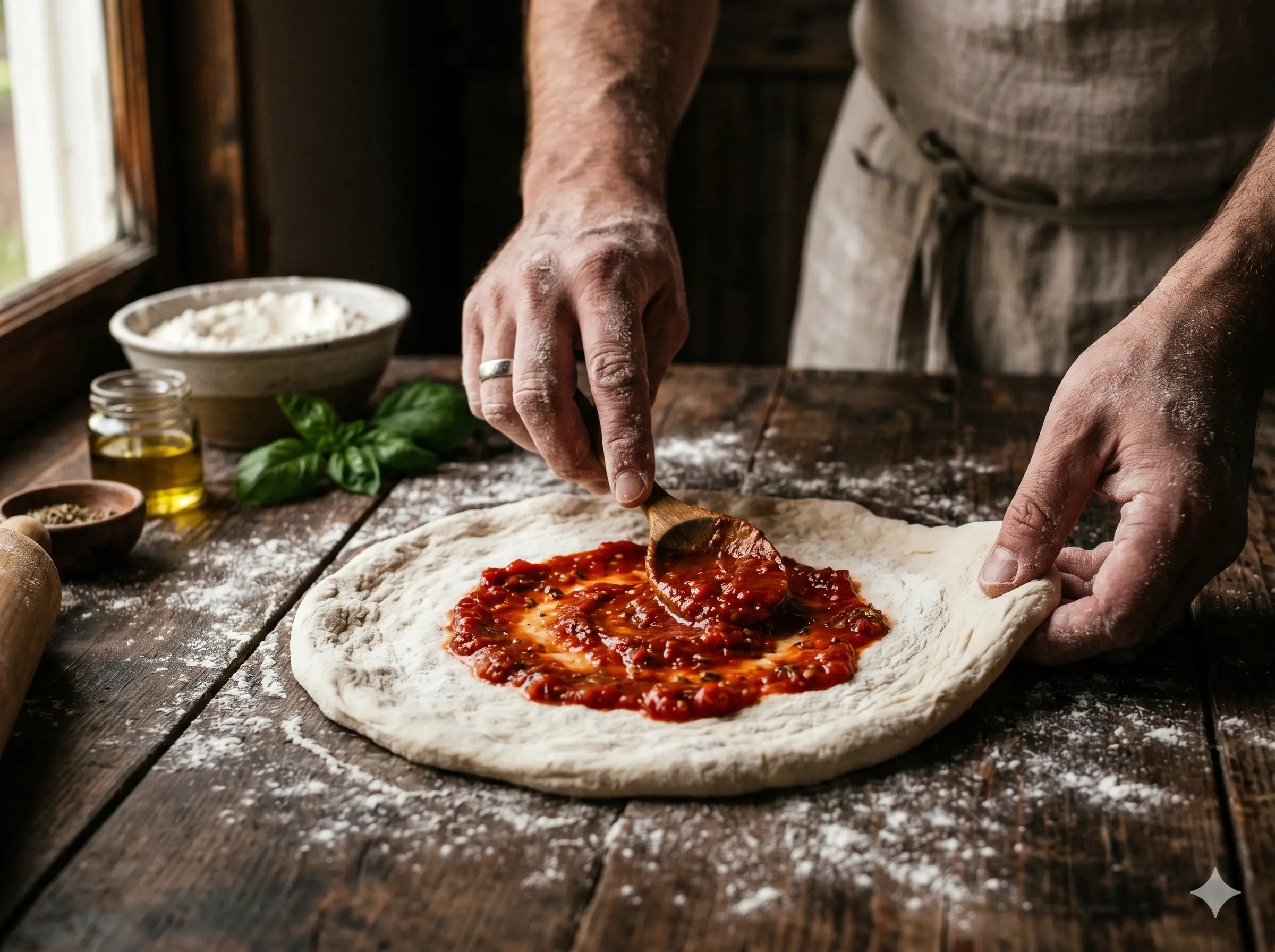 Hands dimpling and stretching the dough with sauce being spread.